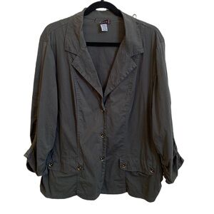 🫒 XCVI Lightweight Ruched Cotton Safari Utility Military Jacket, Olive Green 2X